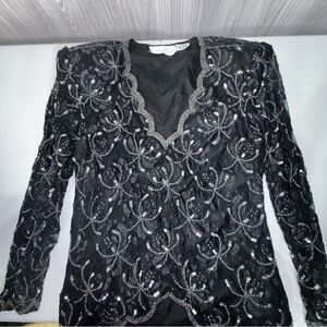 Vintage‎ Laurence Kazar Black & Silver Sequin Beaded Sheer Lace V-neck Long Slve